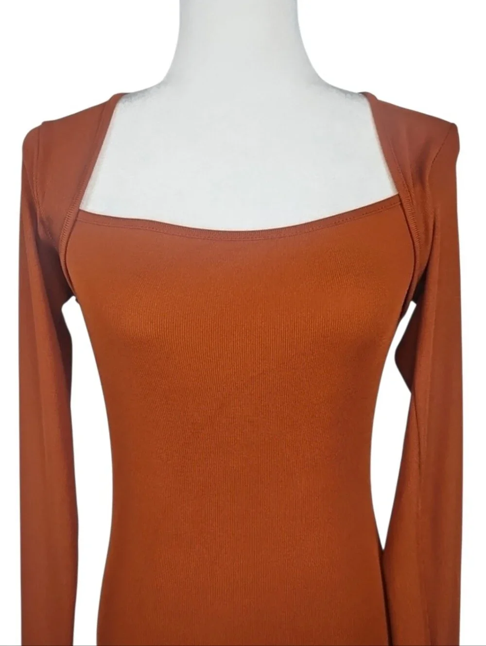 Terracotta Rust Orange Long Sleeve Square Neck Maxi Dress Fall Autumn Season